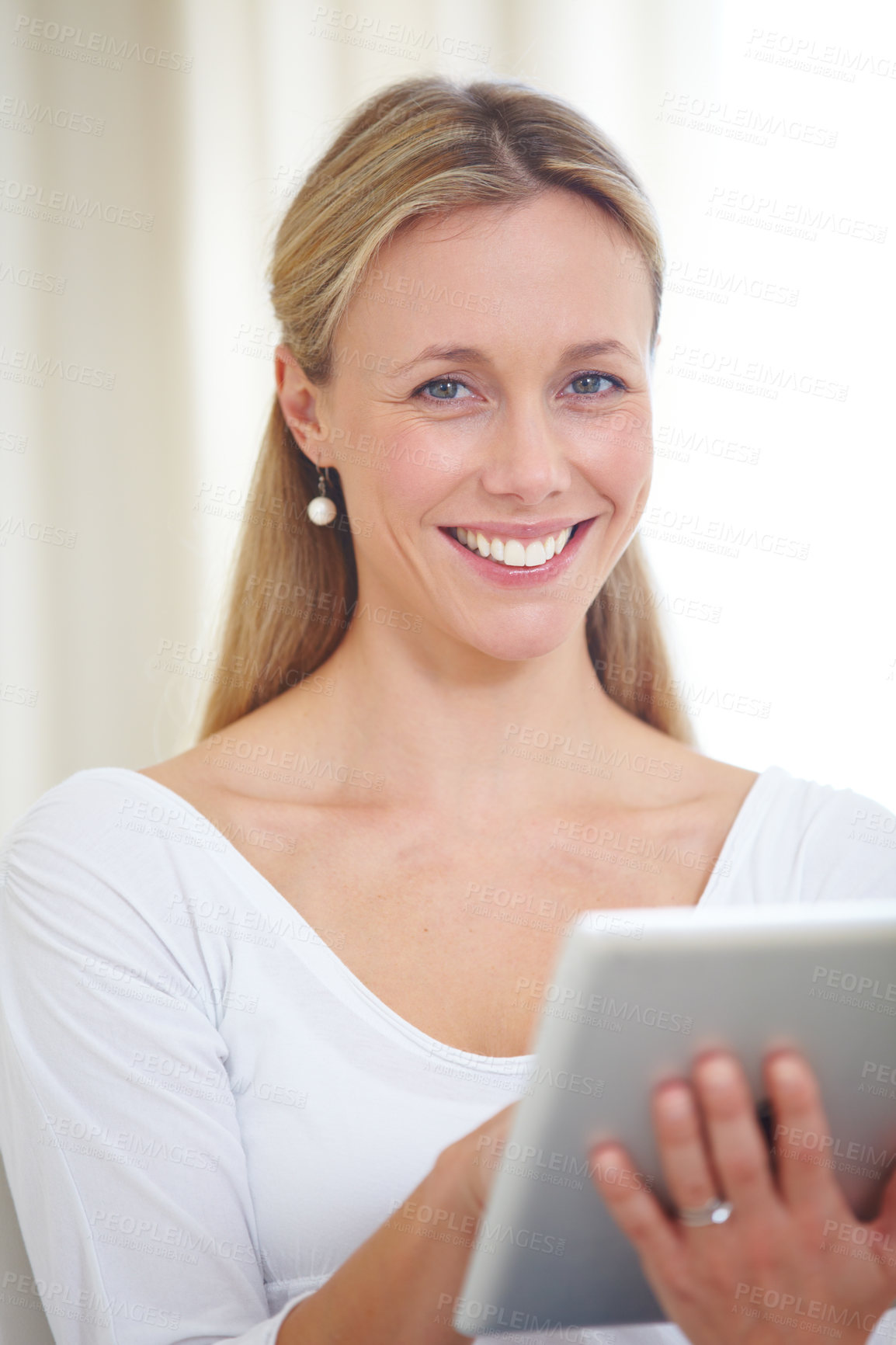 Buy stock photo Mature woman, tablet and smiling in home, happy face and living room couch. Social media, technology and communication for scrolling, vision and online with connection, streaming and digital

