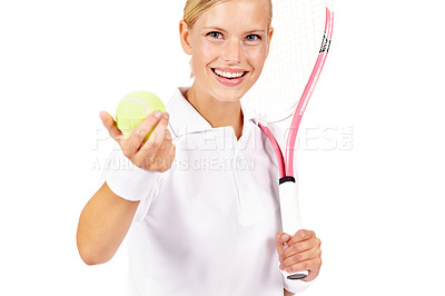 Buy stock photo Portrait, woman and ball with tennis racket in studio for sports, competition and contest isolated on mockup white background. Happy professional athlete with bat for skill, performance and practice 