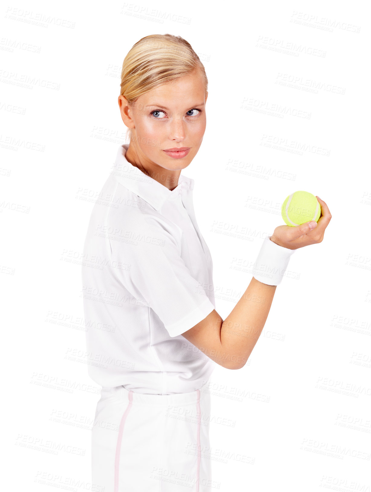 Buy stock photo Serious, tennis and woman with ball in studio for sports, competition and contest isolated on white background. Professional athlete thinking of performance, ready for skill and training for action
