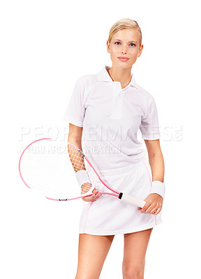 Buy stock photo Portrait, tennis woman and racket in studio for sports, competition and contest isolated on mockup white background. Professional athlete, bat and ready for performance, action and training for match