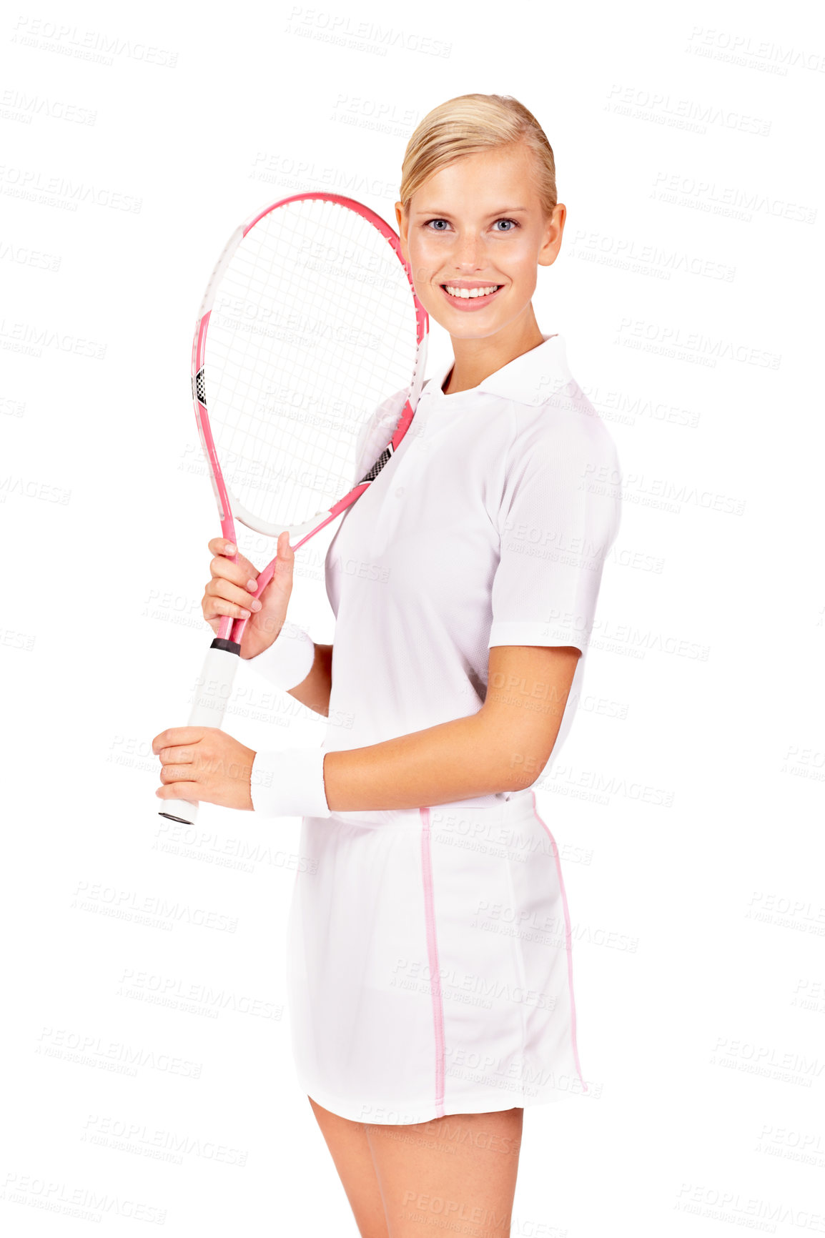 Buy stock photo Portrait of an attractive young woman holding her tennis racquet
