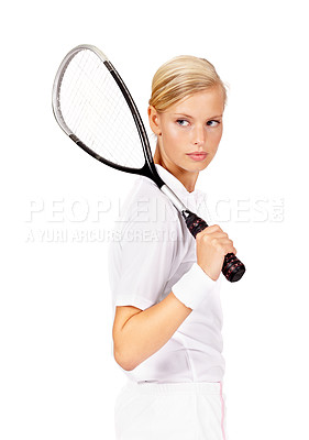 Buy stock photo Tennis, woman or thinking with racket in studio for sports, competition or contest isolated on white background. Serious professional athlete ready with bat for skill, performance or action for match