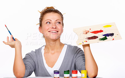 Buy stock photo Art, painting and thinking with happy woman in studio with creativity, talent and paint brush for color. Female artist or painter isolated on a white background for creative work and idea for palette