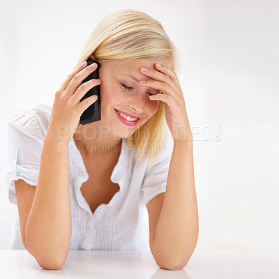 Buy stock photo Young woman, phone call and thinking or happy for news, career opportunity or information on marketing project in studio. Person with smile, listening on mobile and ideas on wall or white background