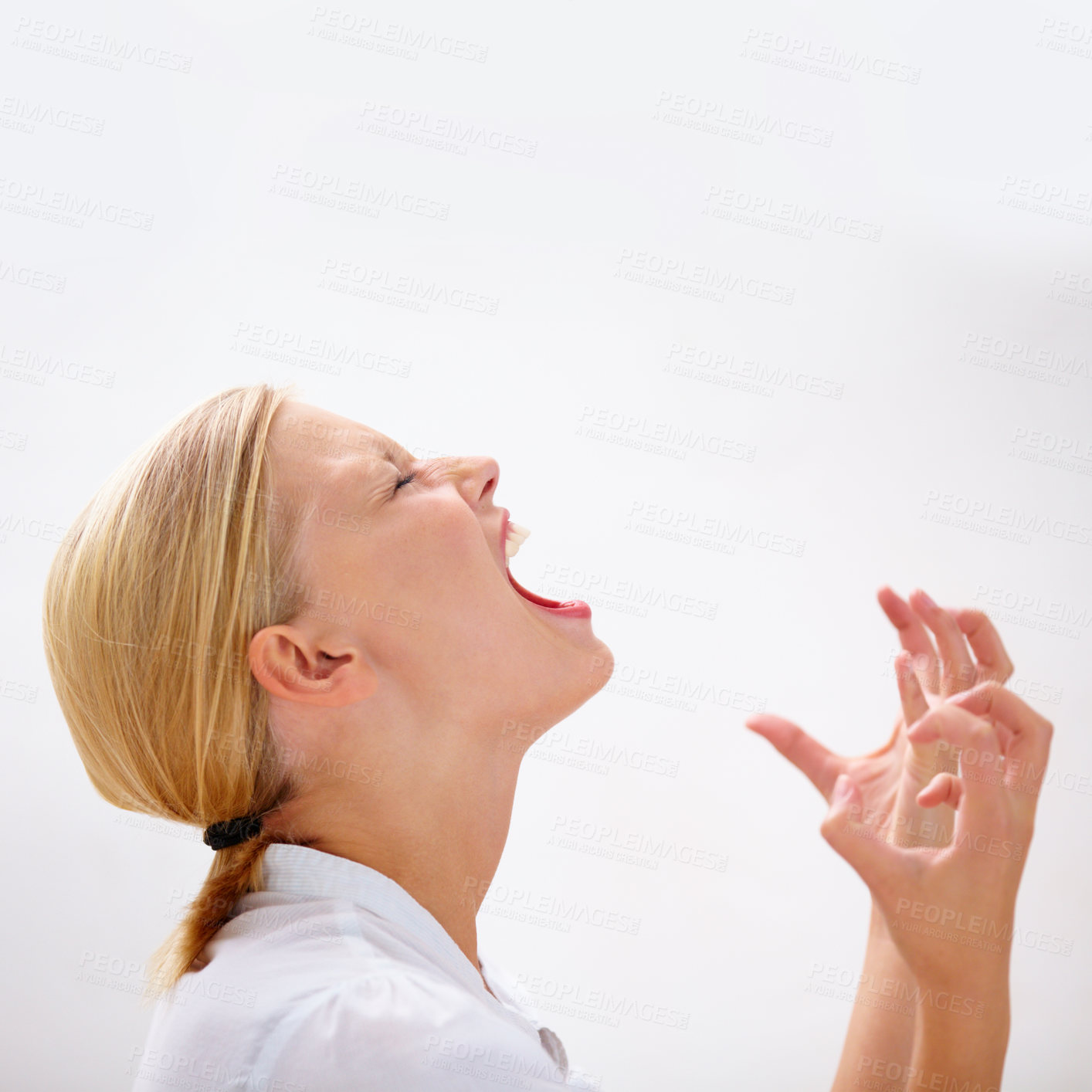 Buy stock photo Profile shot of a young woman screaming loudly at copy space