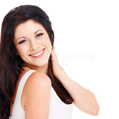 Buy stock photo Happy, smile and portrait of woman in a studio with casual, stylish and beautiful dress. Excited, style and female model from Australia with trendy outfit and positive attitude by white background.