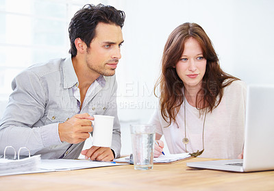 Buy stock photo Computer, planning and business people teamwork, collaboration or online brainstorming, thinking and coffee for meeting. Woman, man or partner review, editing or working on laptop with project ideas