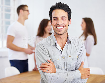 Buy stock photo Man, portrait and arms crossed in business meeting with mindset for employee engagement, leadership and planning. Face of happy manager, creative worker or person with job, project or company startup