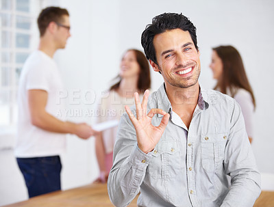 Buy stock photo OK hand, happy man and portrait in office meeting with success sign, achievement or yes for employee engagement. Face of person with like, happy and okay emoji for career startup goals and management