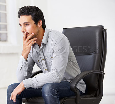 Buy stock photo Thinking, business and man on chair in office with idea for career, job or work management. Professional, male entrepreneur and decision or doubt and manager, ceo or person sitting in workplace. 