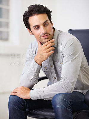 Buy stock photo Businessman, thinking and office idea for company growth, corporate professional or wondering project planning. Male person, face and thoughts of proposal problem solving for strategy, sales or goal