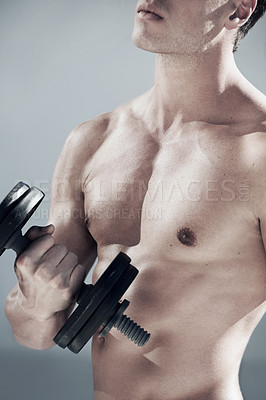 Buy stock photo Fitness, dumbbell weight and closeup of man with muscles doing workout in gym for bodybuilding training. Sports, exercise and male person from Canada with equipment for health in wellness center.