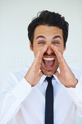 Buy stock photo Portrait, hands and businessman shout for announcement, opinion or protest news in studio. Face of excited man scream for attention, notification or voice with sound, noise and white background.