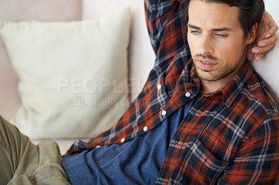 Buy stock photo Relax, thinking and man on sofa in home for afternoon nap, resting and calm in living room. Tired, sleeping and person on couch lying for dreaming, comfortable and peace in apartment for wellness