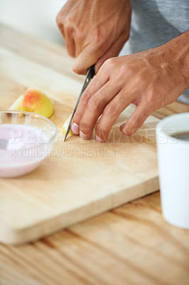 Buy stock photo Hands, knife and fruit cutting in morning breakfast or diet nutrition, wellness health or vitamin fiber. Fingers, cutlery and apple preparation or vegan meal as weight loss, yogurt on kitchen counter