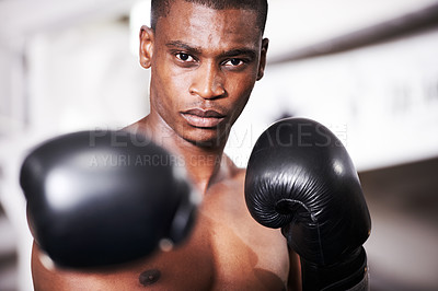 Buy stock photo Boxing, gloves and punch, portrait of black man with fitness and power for training challenge. Strong body, muscle and hands of boxer in gym, athlete with fist up and confidence in competition fight.