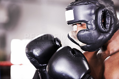 Buy stock photo Man, gloves and boxing fitness for sports training or competition athlete, fearless fighter or safety gear. Black person, fist in ring exercise workout or punch practice or challenge, battle in mma