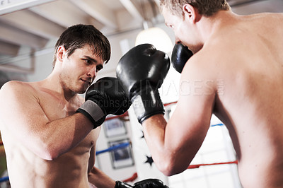 Buy stock photo Fight, man and boxer in ring together for fitness, power strike or workout training challenge. Strong hit, boxing and athlete in sports gym with personal trainer, action and confidence in competition