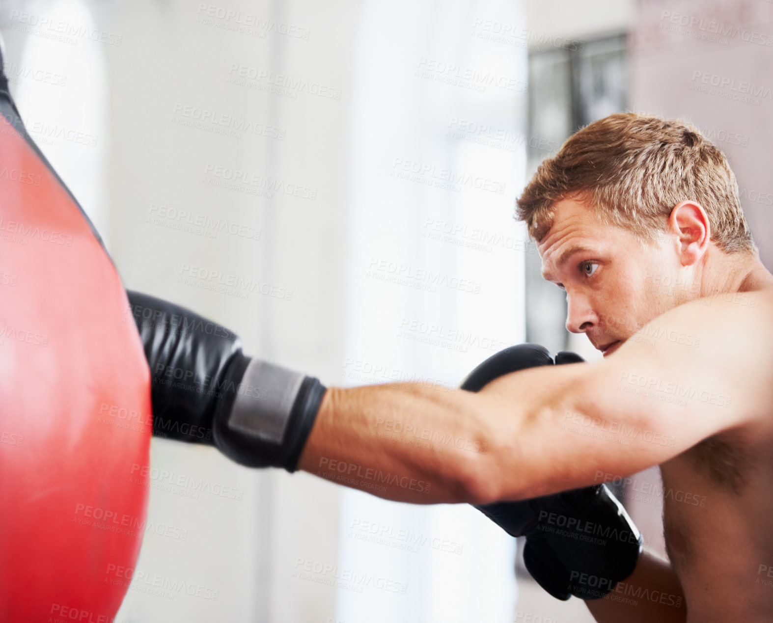 Buy stock photo Man, boxing and punching bag at gym for workout, exercise or self defense practice in fighting sport. Active male person or boxer with gloves, energy, indoor training for martial arts at health club