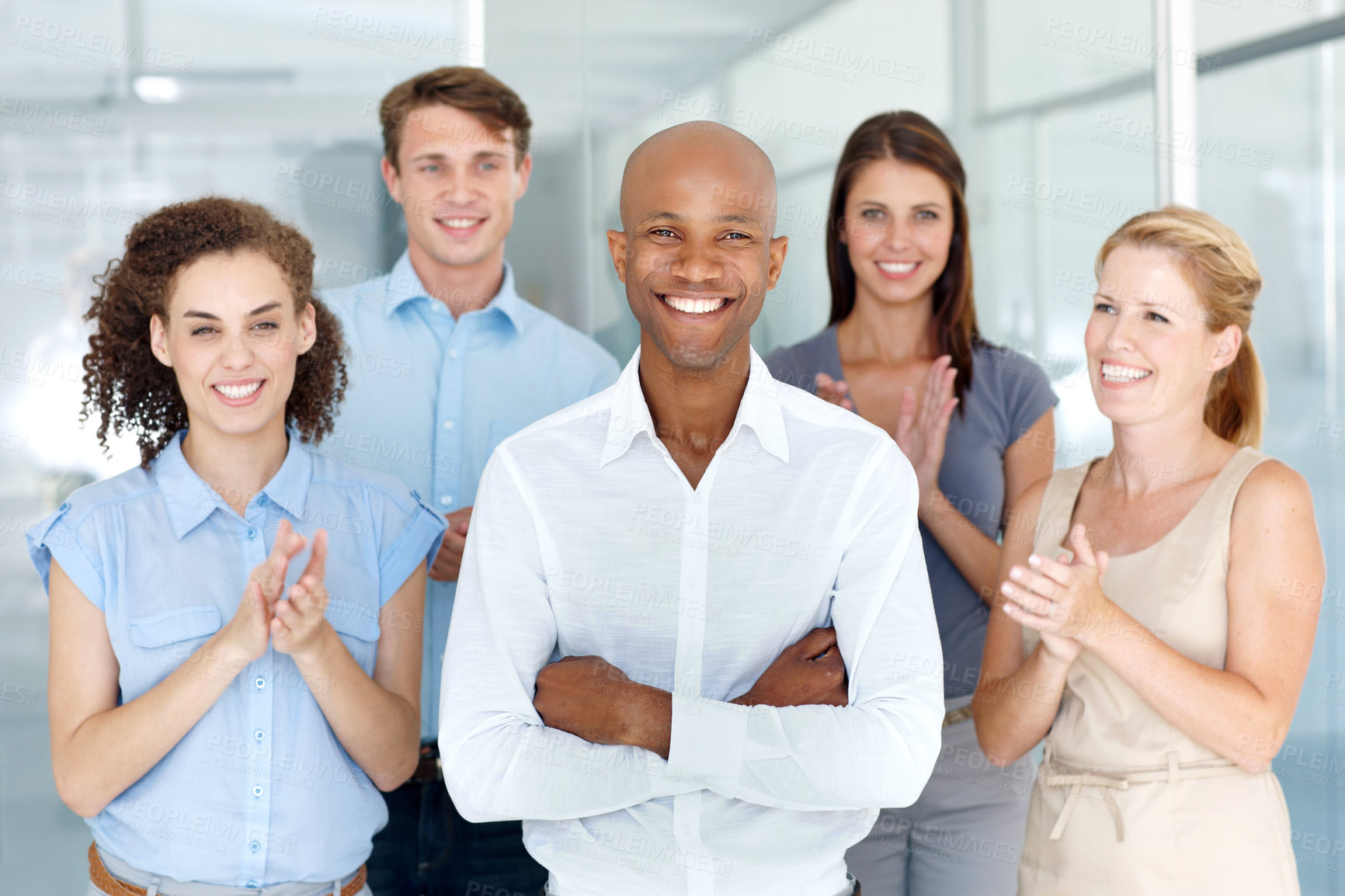 Buy stock photo Portrait, team and applause for success of black man, congratulations and celebrate. Face, happy business group clapping for goal achievement and target, winner or audience support with arms crossed
