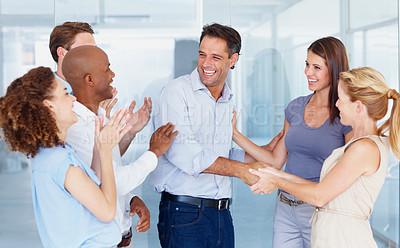 Buy stock photo Business people, clapping or handshake in office for promotion. Team celebrating or cheering, congratulations or support and diversity coworkers happy for success of worker, employee or colleague.
