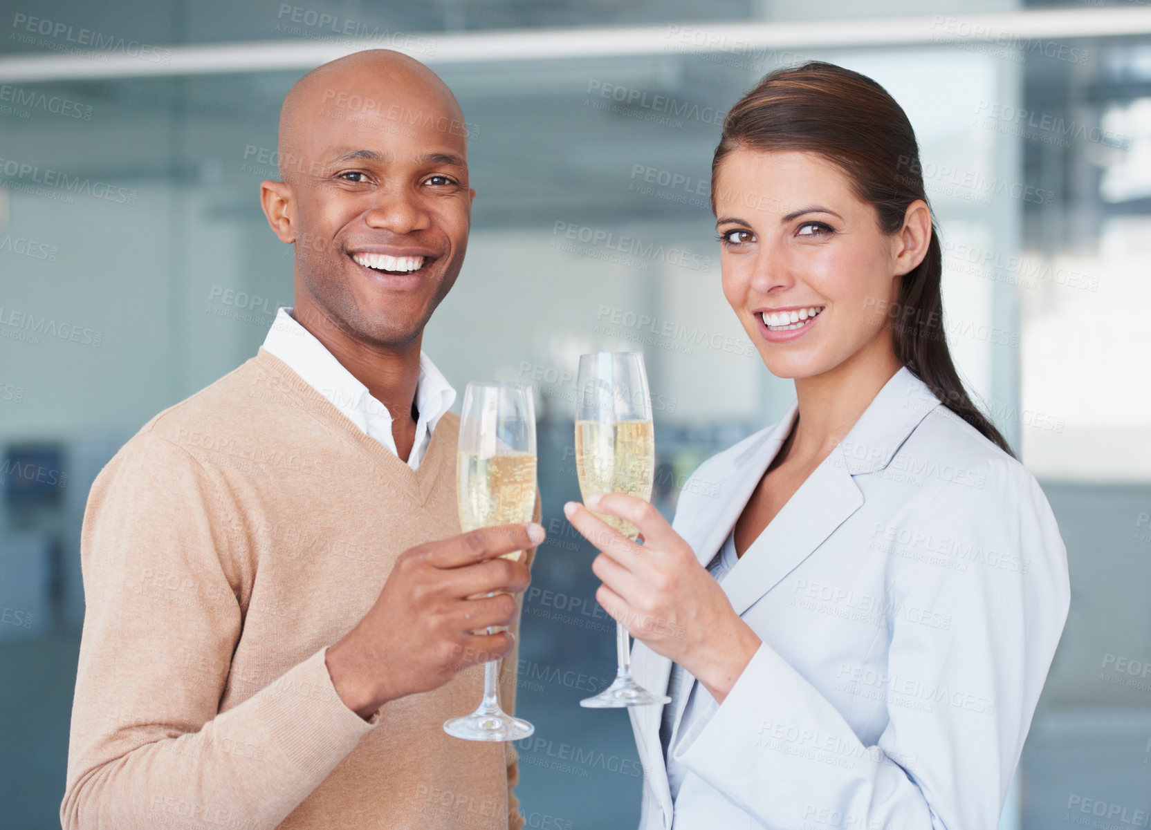 Buy stock photo Portrait, woman and man with champagne for partnership, collaboration or global success. Businesspeople, corporate and diversity with glass for toast, cheers or celebration in happiness in office
