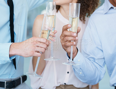 Buy stock photo Business people, champagne and hands with toast, cheers and success or achievement, bonus and target. Team, motivation and congratulations in office, victory and celebrate or drink for collaboration