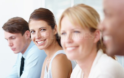 Buy stock photo Business, happy and colleagues team in workshop for corporate office training. Teamwork collaboration, face and workplace meeting in conference room for excited diversity people or presentation group