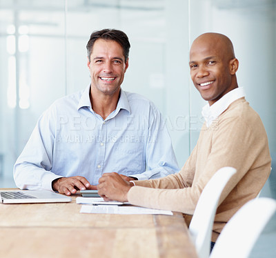Buy stock photo Business, portrait and happy men in a meeting with documents for planning, brainstorming and idea in office. Face, smile and people in creative collaboration for startup, mission and company goal