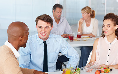 Buy stock photo Business, staff and team on lunch, conversation and relax with happiness, collaboration and partnership. Group, men and women on a break, discussion and communication with food, planning and eating