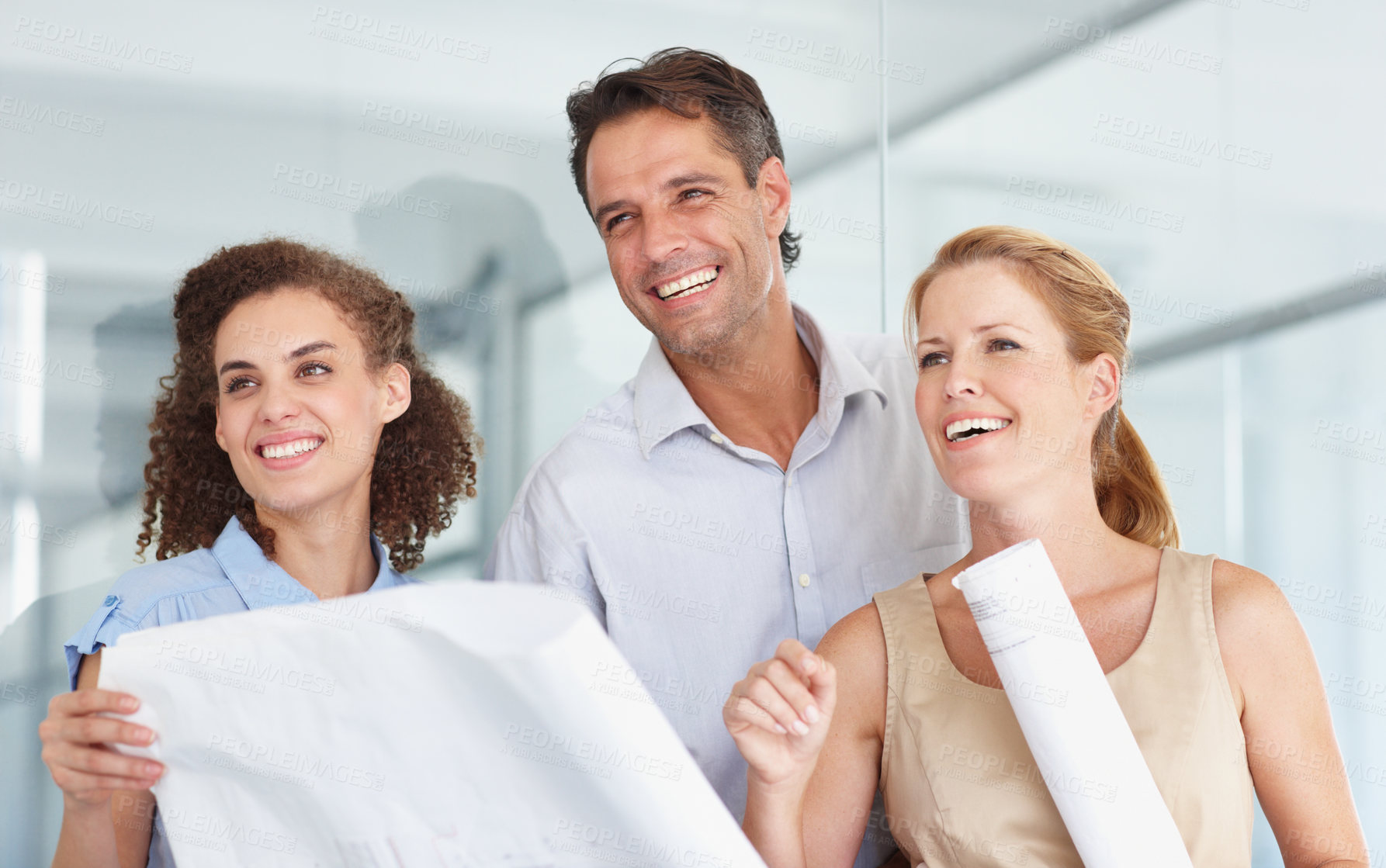 Buy stock photo Happy business people, blueprint and construction planning in meeting for collaboration at the office. Group or architect team smiling with document, paperwork or floor plan for architecture project
