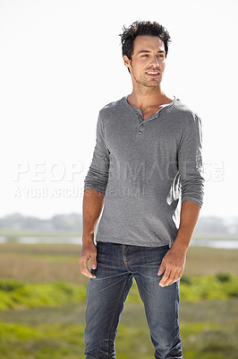 Buy stock photo Thinking, handsome and a man with fashion in nature during a holiday for peace and calm in Spain. Happy, idea and a person in stylish clothes with ideas, planning and smile in the countryside