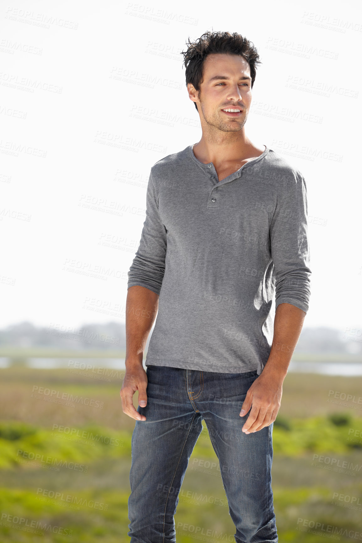 Buy stock photo Thinking, handsome and a man with fashion in nature during a holiday for peace and calm in Spain. Happy, idea and a person in stylish clothes with ideas, planning and smile in the countryside