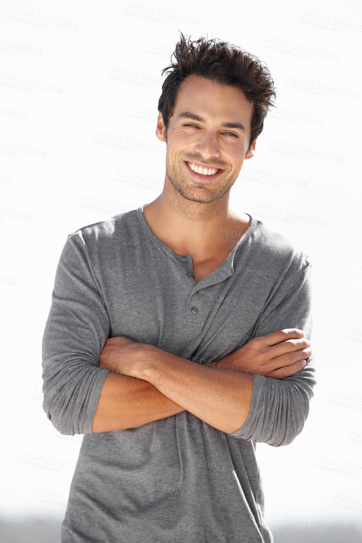 Buy stock photo Smile, portrait and man with arms crossed in nature for break, vacation or weekend in Spain. Happy, fashion and a handsome young guy smiling with confidence, happiness and relaxing on holiday
