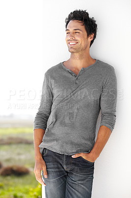 Buy stock photo Happy, thinking and handsome man in nature for weekend break, peace and calm in Portugal. Smile, ideas and an attractive person with fashion, clothes and happiness in an outdoor natural environment