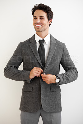 Buy stock photo Businessman, thinking and ready with fashion in studio for formal style mock up on white background. Corporate, male manager or boss in suit, elegant or modern clothes for professional job in space