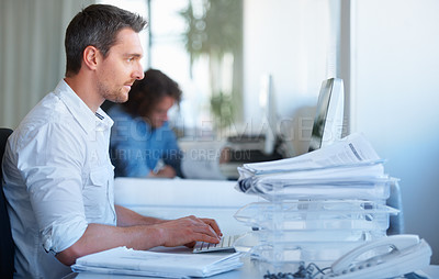 Buy stock photo Business man, office and typing on computer for accounting report, budget planning and financial software. Professional accountant or employee on desktop with email management, paperwork or documents