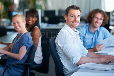 Buy stock photo Portrait, workspace and business people in teamwork, coworking and creative startup or agency in office. Happy, diversity and face or group of women, men or designer at desk and working together