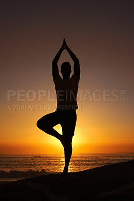 Buy stock photo Silhouette, man and namaste with hands for yoga, health and wellness on beach with sunset and zen. Person, shadow and pilates or praying for balance, mindfulness and healthy body by ocean or sea