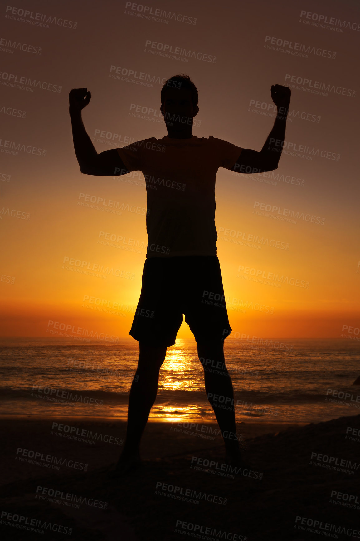 Buy stock photo Silhouette, man and flex with sunset for winner, health and wellness on beach with sunrise and zen. Person, shadow and pilates or celebration for victory, mindfulness and healthy body by ocean or sea