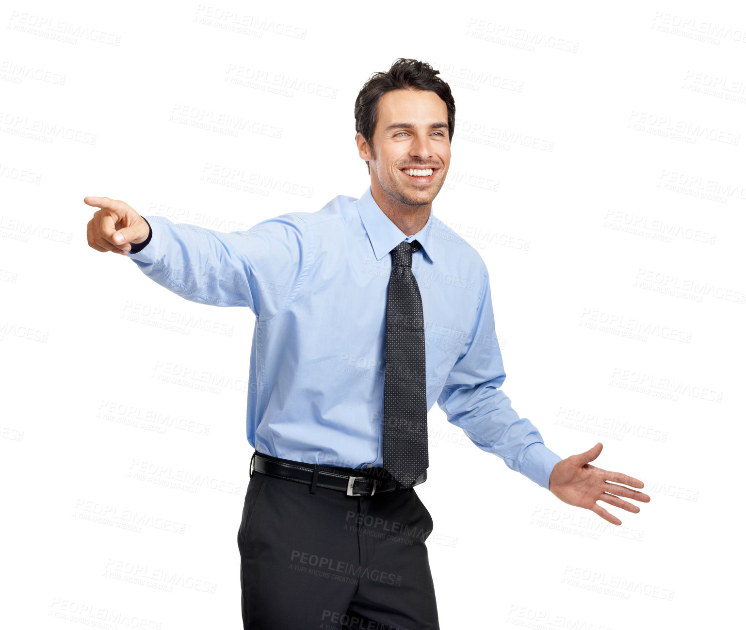 Buy stock photo Pointing, marketing and advertising with a business man in studio on a white background with mockup. Space, product placement and success with a male employee working to promote a corporate product