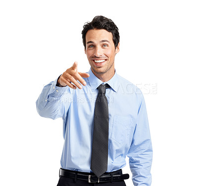 Buy stock photo Businessman portrait, you or pointing hands on studio background in employment opportunity, candidate choice or selection. Smile, happy or choosing worker finger in vote or optimism gesture on mockup