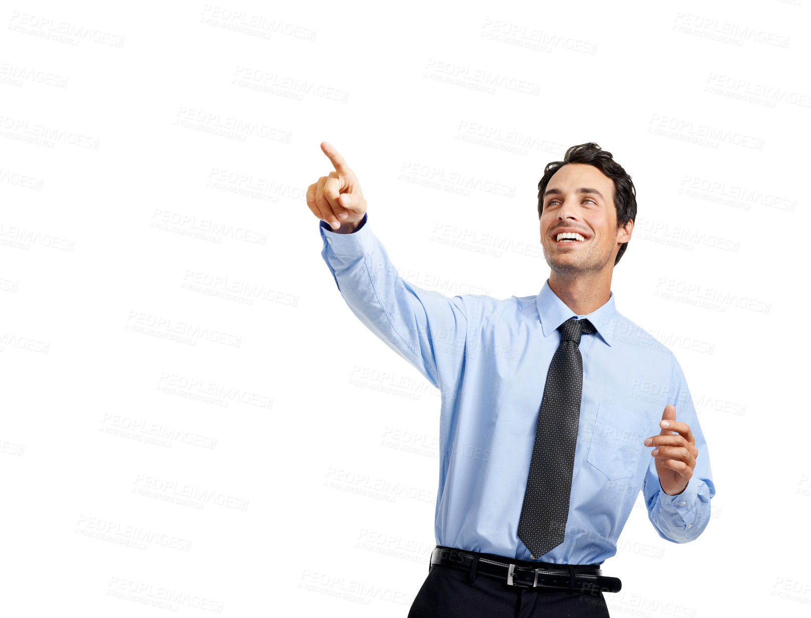 Buy stock photo Excited businessman, hands or pointing on studio background on advertising space or marketing mock up for branding. Smile, happy or worker finger in opinion, vote or promotion deal gesture on mockup
