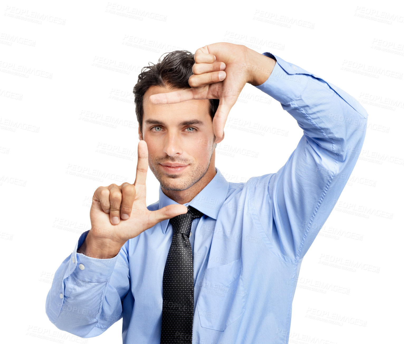 Buy stock photo Hands, frame and portrait of business man on studio background for profile picture. Face, worker and finger framing for perspective, professional selfie and vision of planning, goals and inspiration
