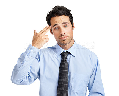 Buy stock photo Portrait of businessman, gun gesture and unhappy work environment with depression and stress on white background. Mental health, frustrated sad worker and man with hand sign shooting head for anxiety