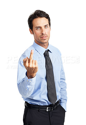 Buy stock photo Businessman, studio portrait and middle finger with frustrated face, angry and tired of job. Isolated corporate executive man, hand gesture or stress for work as financial advisor by white background