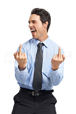 Buy stock photo Middle finger, crazy and young businessman in a studio screaming with joy, happiness and confidence. Happy, yelling and corporate male model with a rage gesture or sign isolated by a white background