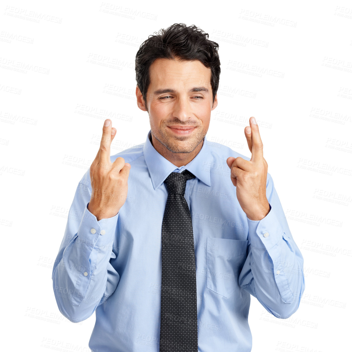 Buy stock photo Businessman hands, hope and fingers crossed on studio background mockup in new job or employment opportunity. Expression, nervous and luck hand gesture for worker anxiety, nervous or positive change