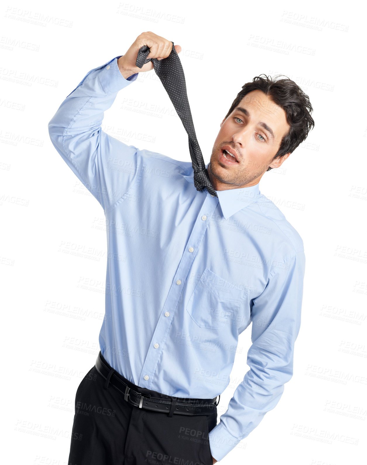 Buy stock photo Portrait, businessman and tie for depression, anxiety or stress problem on studio white background. Face, fail and choking, unhappy and young entrepreneur hanging, suicide and isolated in distress