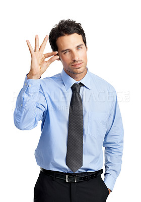 Buy stock photo Portrait, gesture and small with a business man in studio isolated on a white background to sign a tiny symbol. Social media, review and feedback with a male employee posing on blank marketing space